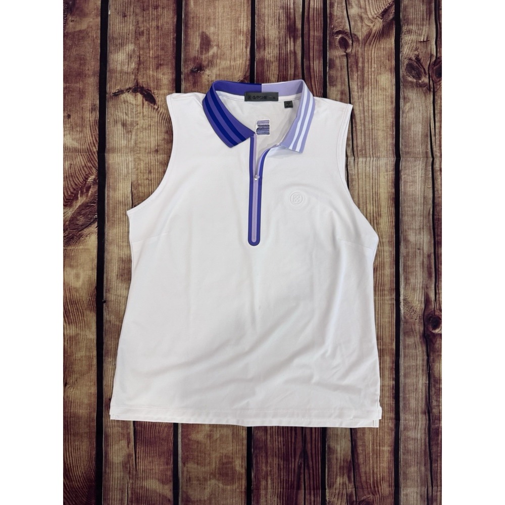 G/FORE Women's XL White Purple Blue Sleeveless 1/4 Zip Logo Golf Polo
